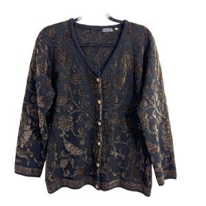 Joseph Tricot VTG Cardigan Sweater Women’s M Black Brown Chenille Floral V Neck